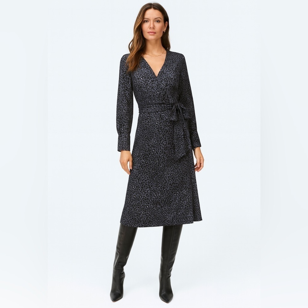 Halogen Gray Cheetah True Wrap Midi Dress EUC